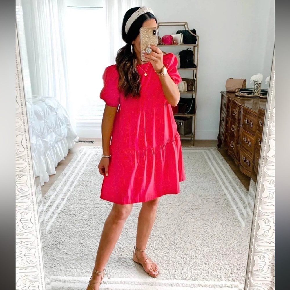 Express Fuchsia Pink puff sleeve trapeze dress